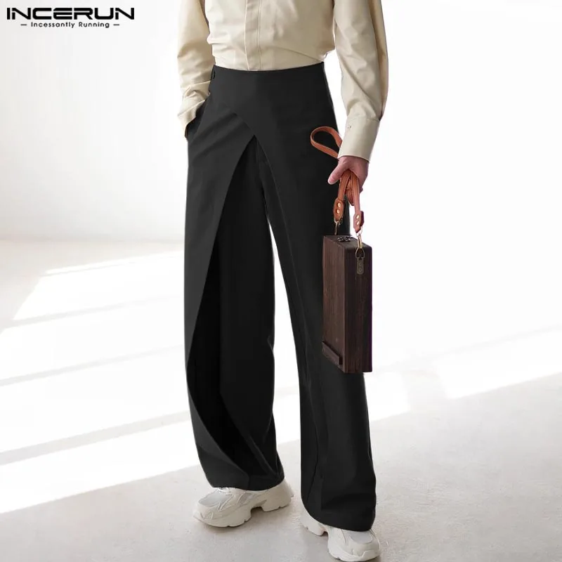 Men Well Fitting Pants INCERUN Vertical Crossover Design Trousers Fashion Mid Solid Zipper Bottoms Pocket Elegant Simple Pants