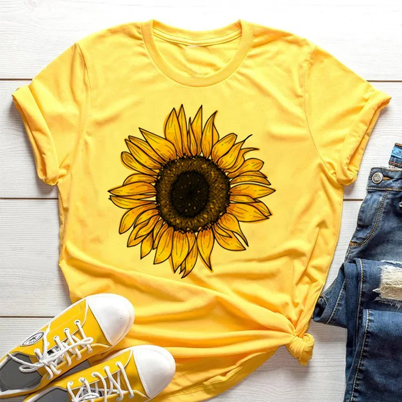Yellow Women's T-shirt  Sunflower Bee Aesthetic Pattern Short Sleeve Shirt Women Graphic T Shirts Summer Streetwear Fashion  Y2K