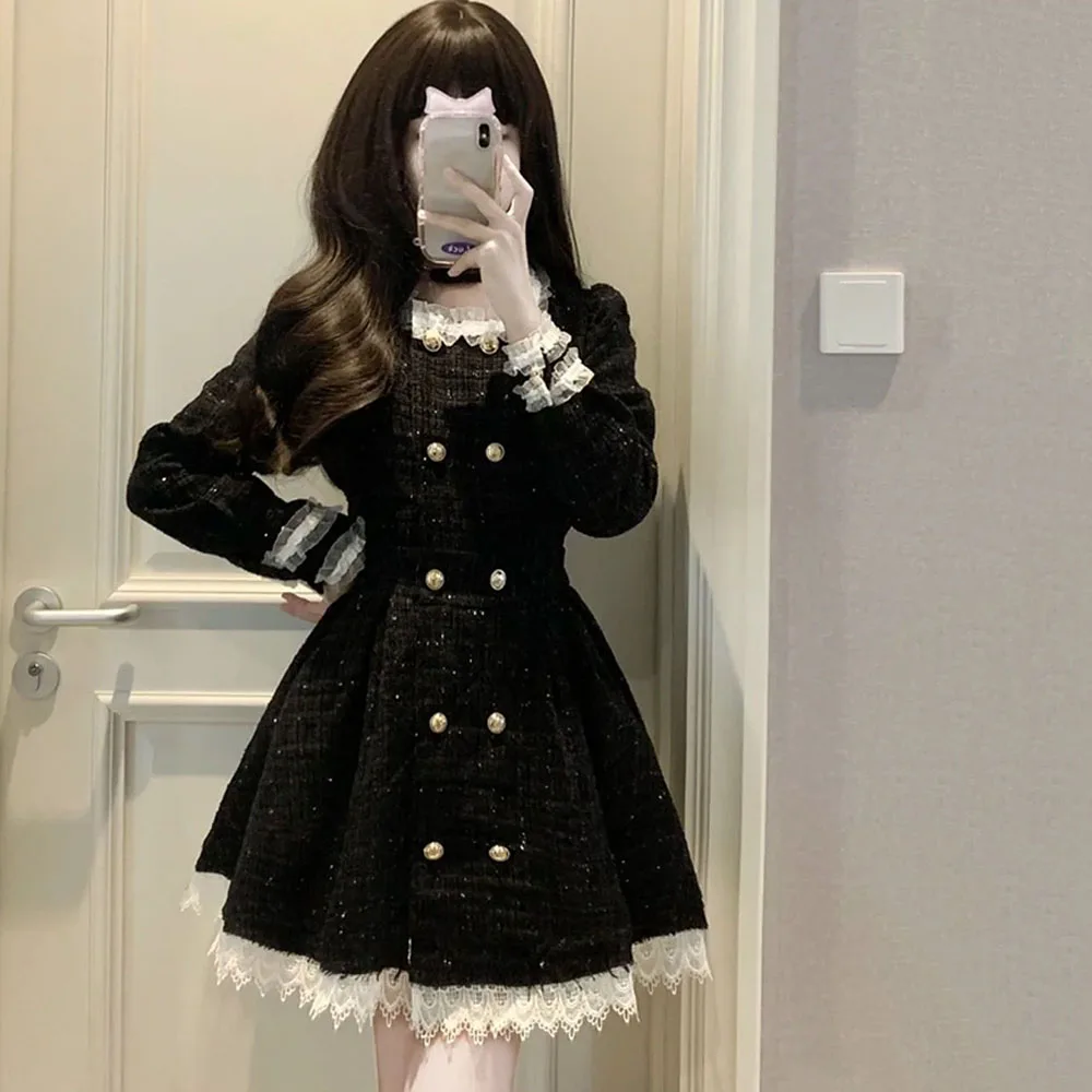 2023 Autumn Vintage Tweed Dress Party Women Casual Elegant Gothic Mini Dresses Lolita Kawaii Clothing One Piece Dress Korean Y2k