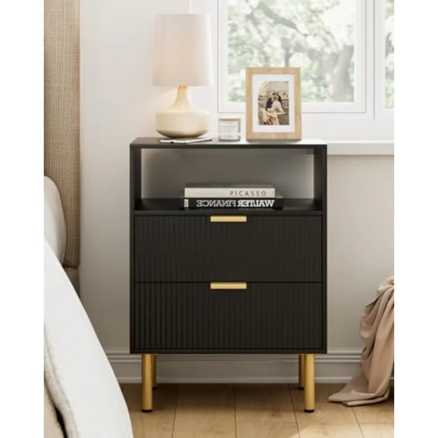 Modern Black Nightstand 25.6 H with 2 Drawers Open Shelf Fluted Design and Gold Frame Bedroom or Living Room End Table