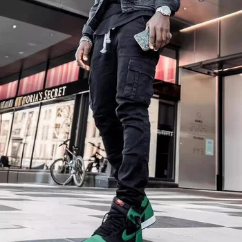 Men Street Elastic Denim Jeans Wash Solid Color Multi Pockets Cargo Pants Casual Slim Fit Daily Wear Joggers Mid Waist Trousers 4