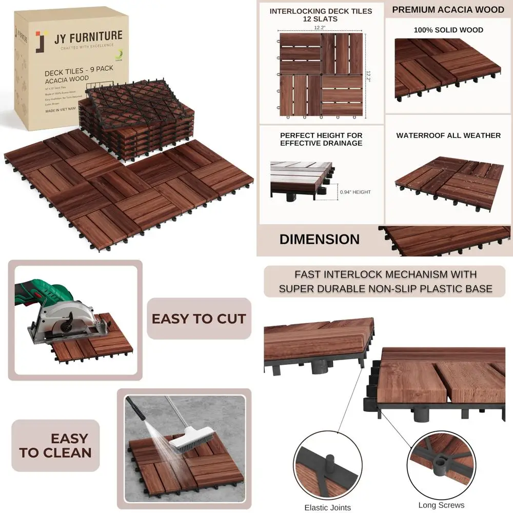 

9 pcs interlocking deck tiles 12" x 12" - premium acacia wood patio tiles waterproof, easy installation - outdoor deck tiles for