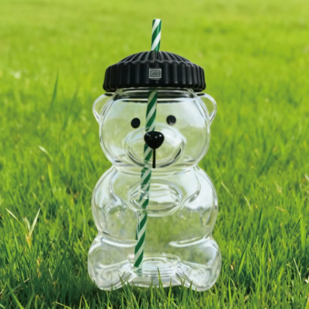 

500 мл Kawaii Bear стеклянная чашка большой емкости с милой крышкой, соломенная чашка для прямых напитков для ежедневного кофе, чая