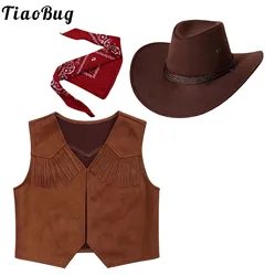 Wild West Cosplay Cowboy Cowgirl Costume Halloween Dress Up Clothes New Fringe Sleeveless Vest with Bandanna Hat Set