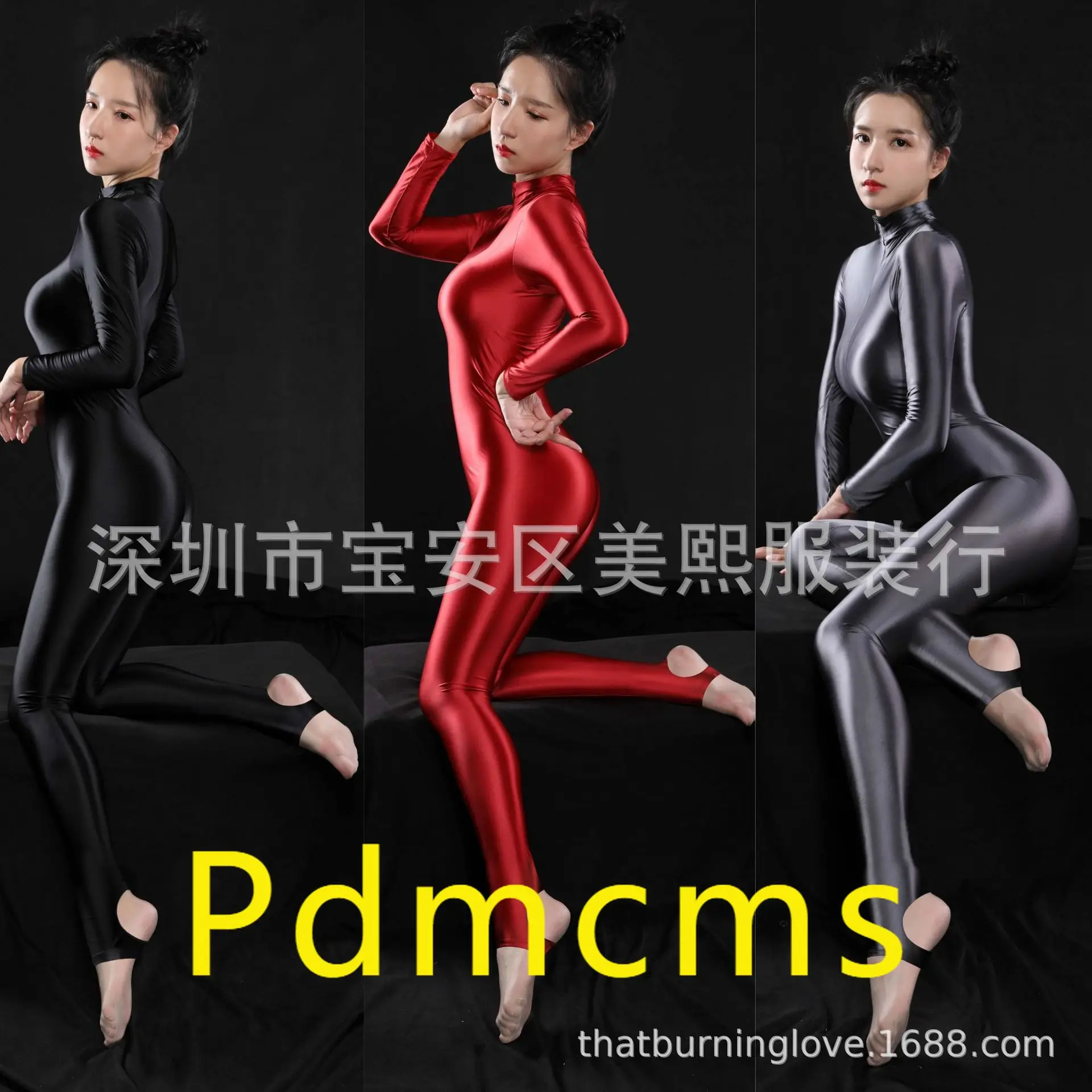 

2025 new oily smooth silky long-sleeved trousers double-head zipper over crotch long onesie foot-stepping onesie 1846