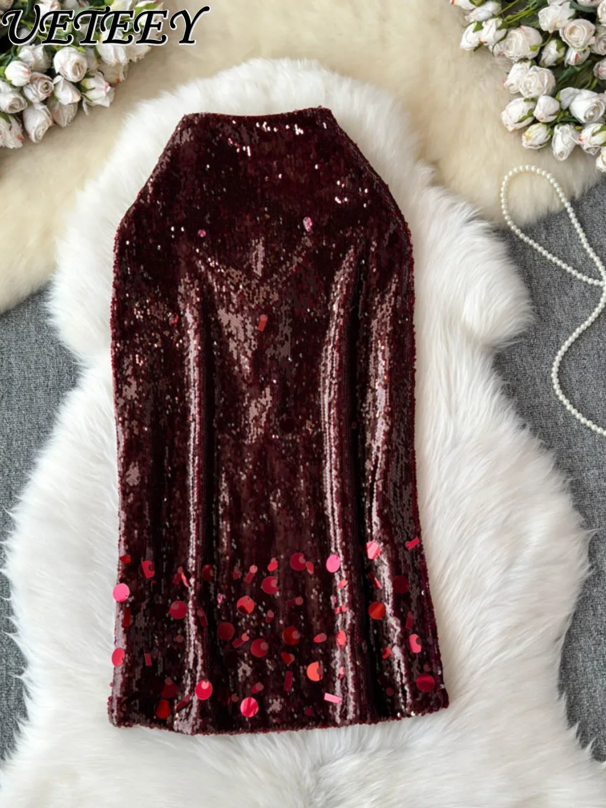 Vielseitige funkelnde Pailletten-Schlankheitsröcke für Damen, Herbst-Winter-Mode, hohe Taille, hüftumwickelte, burgunderrote lange Röcke