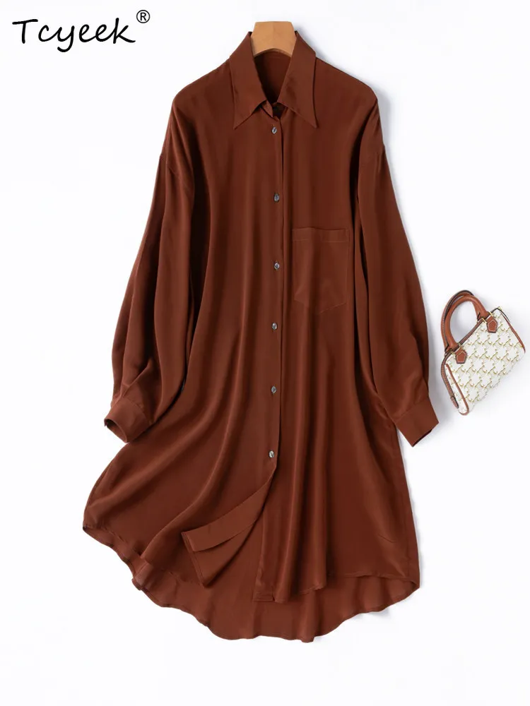 Tcyeek-Vestido de seda 100% Mulberry para Mujer, vestidos elegantes para Mujer, ropa de verano con protección solar, Vestido camisero de manga larga para Mujer