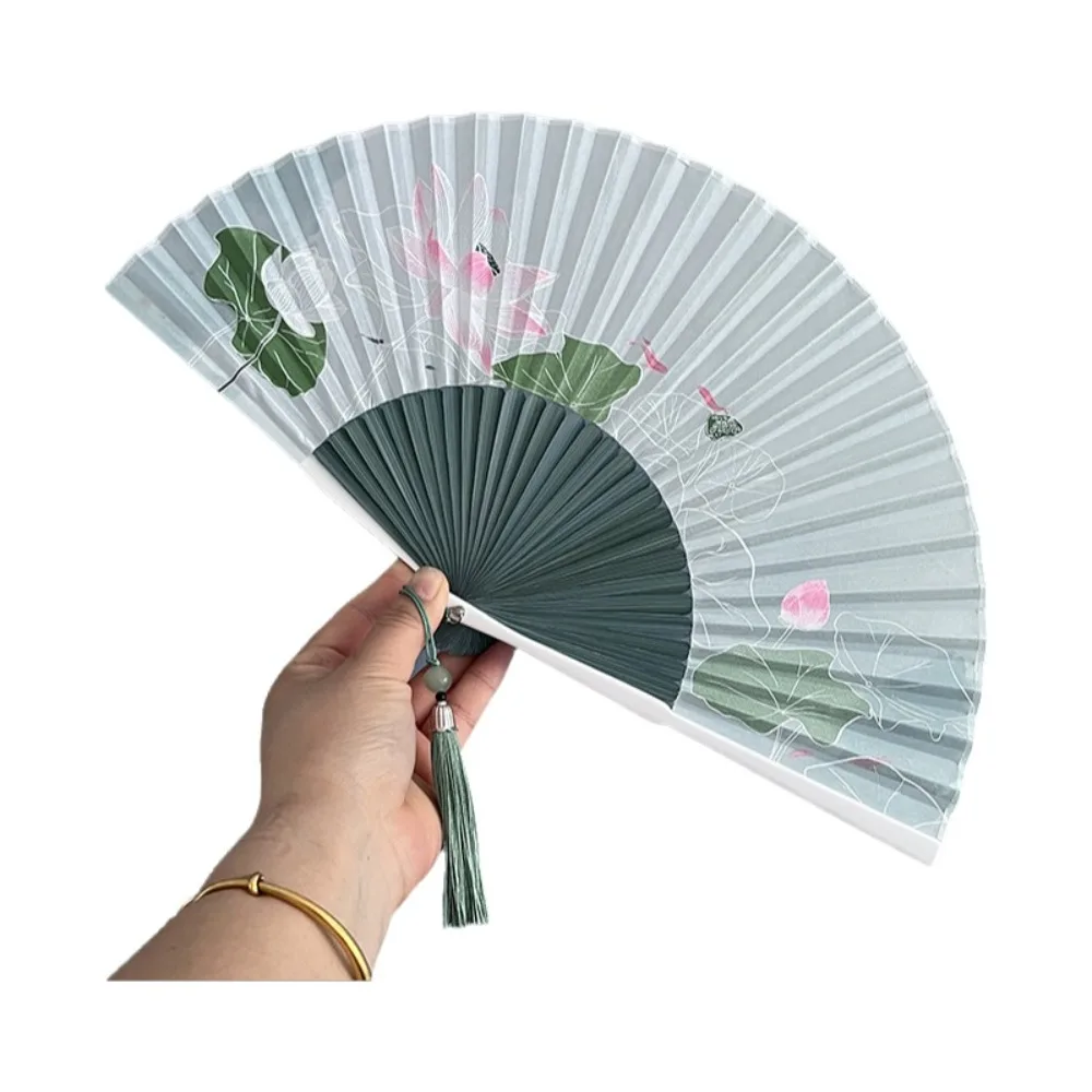 Daily Use Retro Folding Hand Fan Classical Wooden Handle Chinese Style Fan with Tassels Lotus Design Dance Fan Festival