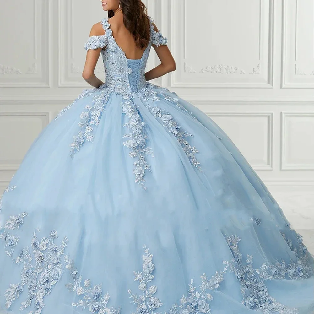 Light Blue Dresses Ball Gown V Neck Off Shoulder  3D Flowers Applique Luxury  Gowns Dresses Pink Simple Exquisite Modern Style