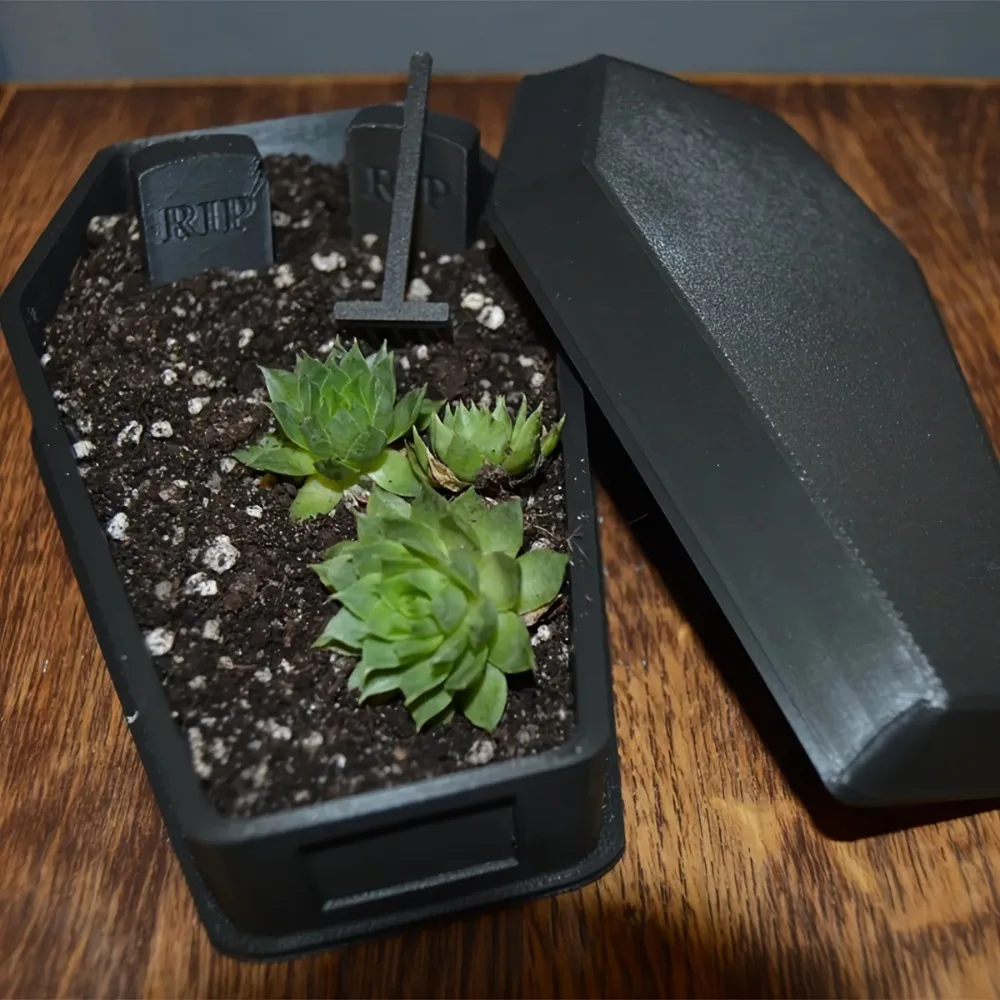 1pc 3D Printed Gothic Coffin Planter  Succulent Pot with Tombstone & Rake Flowers  Halloween Creative  Home & Garden Decor