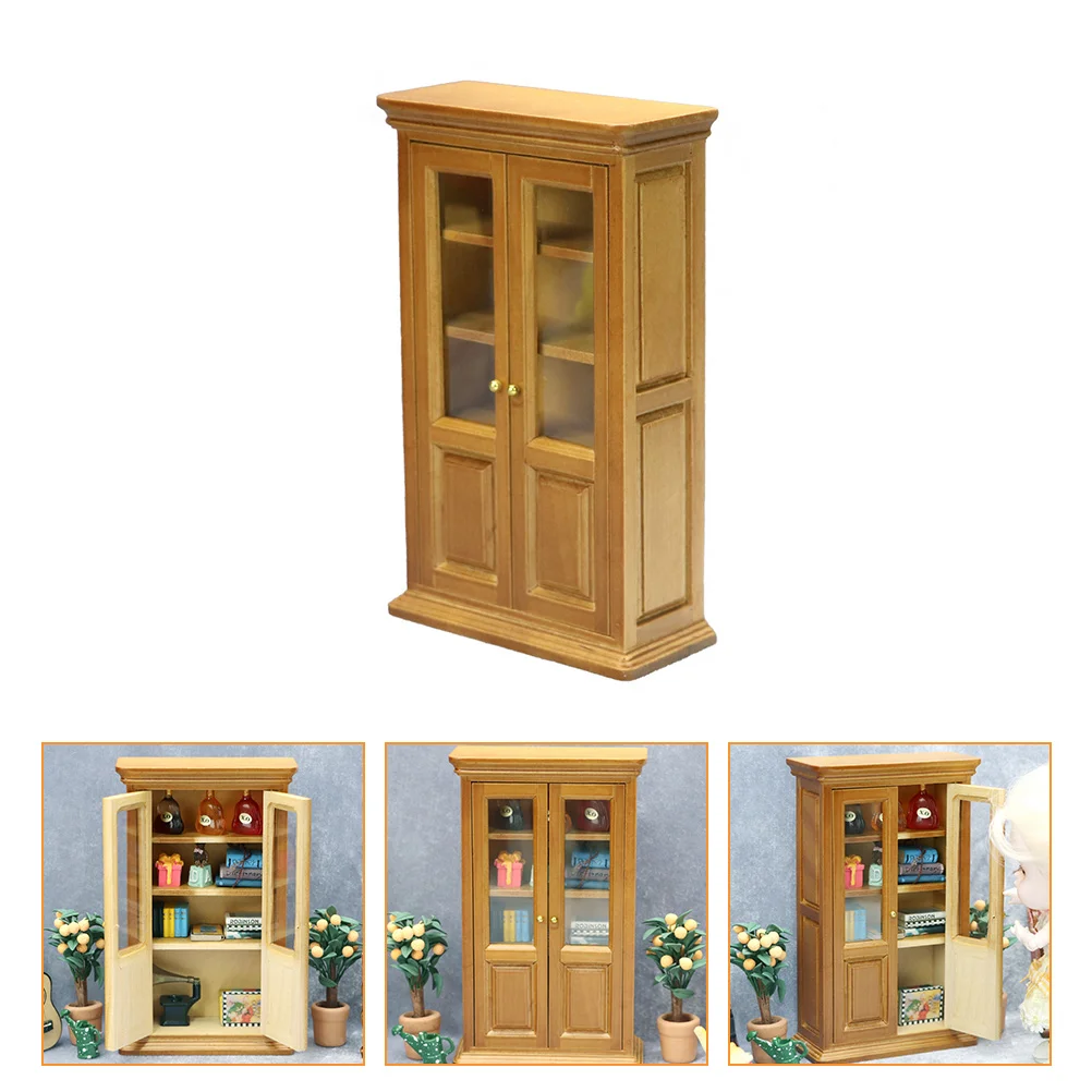 Sturdy Mini Maroon Bookcase Vertical Wooden Cabinet Scene House Furniture Decorative Storage Shelf for Houses Crafts