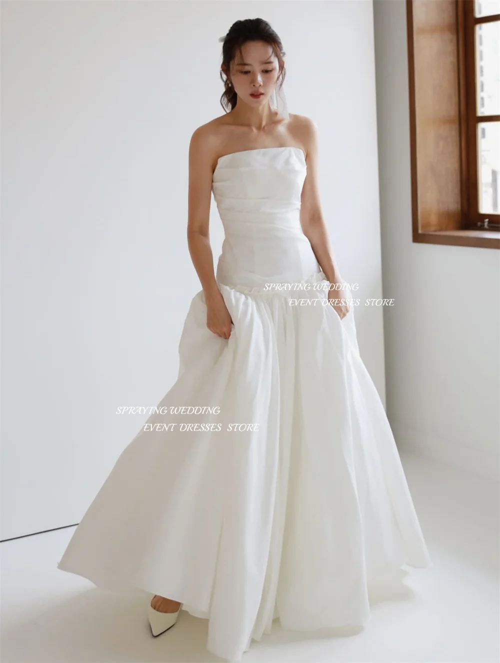 SPRAYING Einfaches elfenbeinfarbenes Taft-Hochzeitskleid, Korea-Fotoshooting, trägerlos, A-Linie, lange Brautkleider, Korsett, maßgeschneidert,  soi