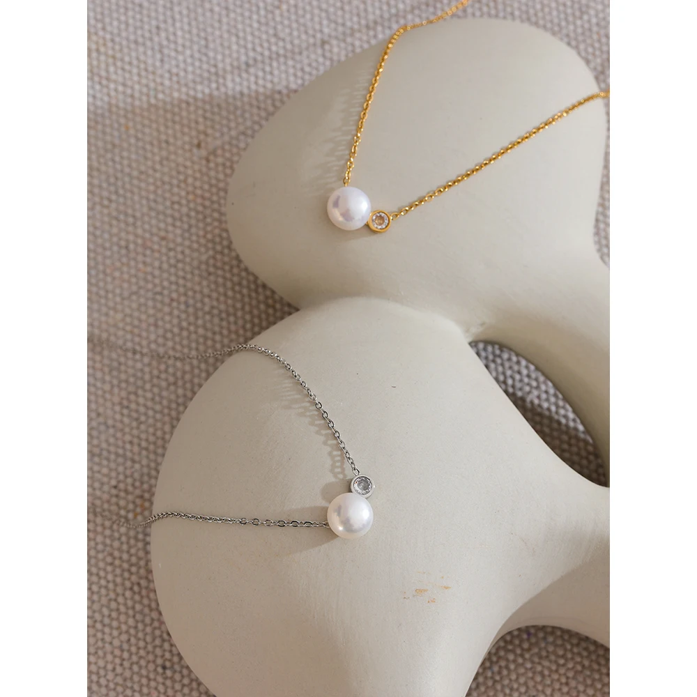 Yhpup Korean Style Stainless Steel Natural Pearl Zircon Necklace Pendant Chain Waterproof Temperament Premium Jewelry