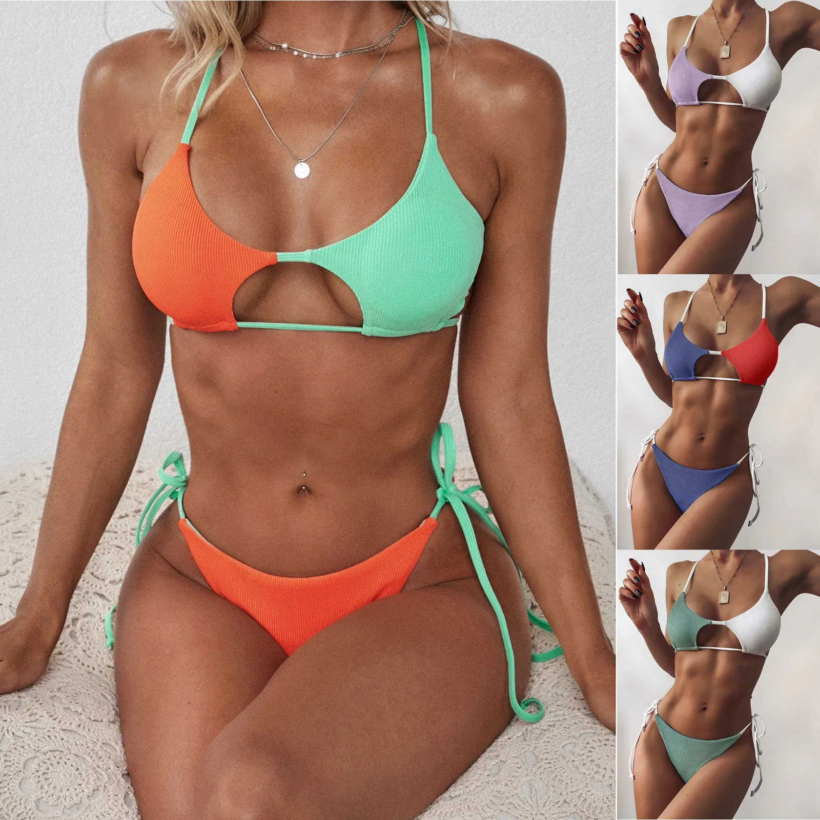 

Striped High Women Two Up Piece Waist Push Hight Swimsuit Set Cut Bikini Swimwears Tankinis Bathing Suit Summer Monokini Sexy