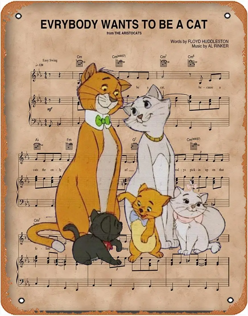 1P,Tin Sign Vintage Kitchen Signs Wall Decor Aristocats Over Ev;Rybody Wants To Be A Cat Sheet Music Funny Metal Tin Signs Bar D