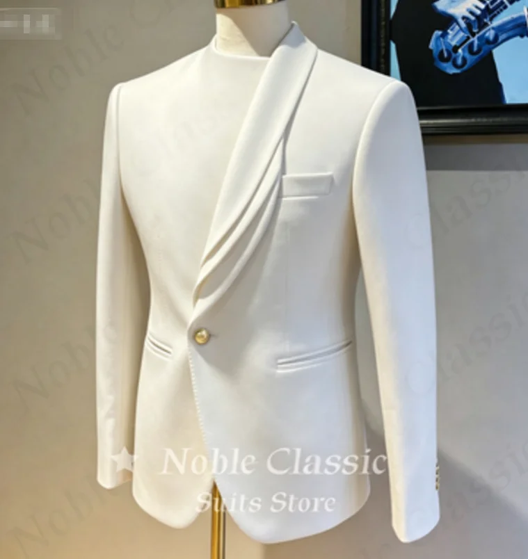 White Men Stand Collar Pleated Asymmetric Lapel Blazer Single Gold Button Slim Fit Wedding Groom Tuxedo Jacket Formal Customized