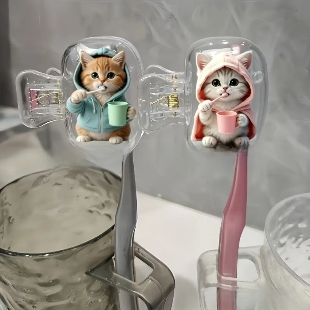2pcs Portable Toothbrush Head Cover Kitten Dog Printed Waterproof Cat Toothbrush Cover Dust-proof Transparent