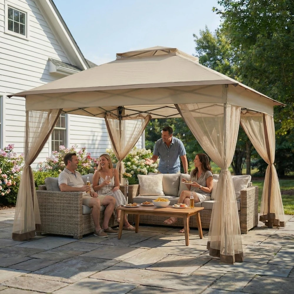 

11x11 Pop Up Gazebo with Mosquito Netting – Easy 1-Person Setup, Water-Resistant Backyard Canopy for Family Patio, Customized