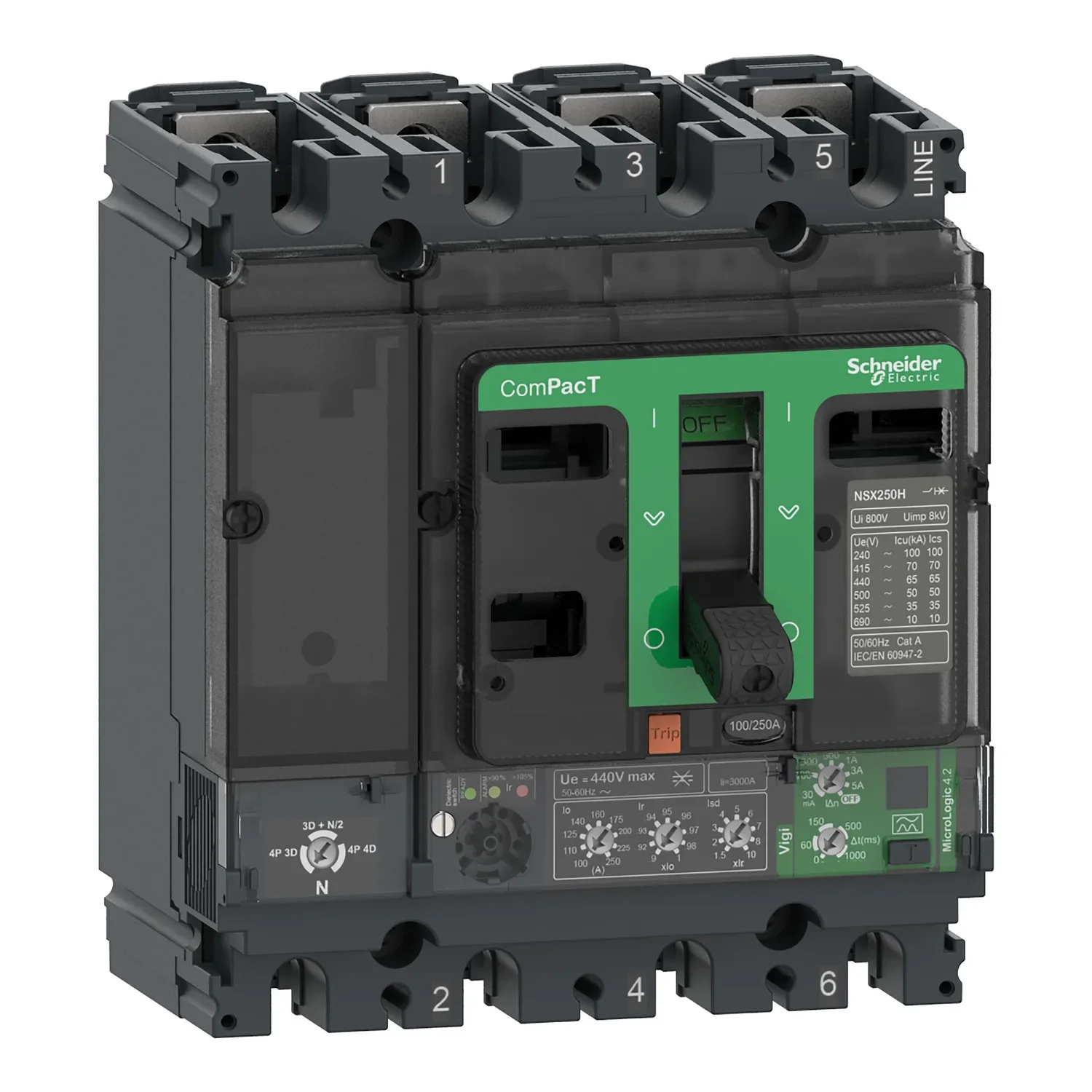 C25F44V250 Circuit breaker, ComPacT NSX250F, 36kA/415VAC, 4 poles, MicroLogic Vigi 4.2 trip unit 250A