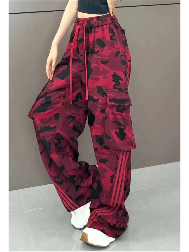 Women Wine Red Camouflage Cargo Pants Baggy Y2k Streetwear Parachute Pants Vintage Harajuku 90s Aesthetic Trousers Clothes 2024