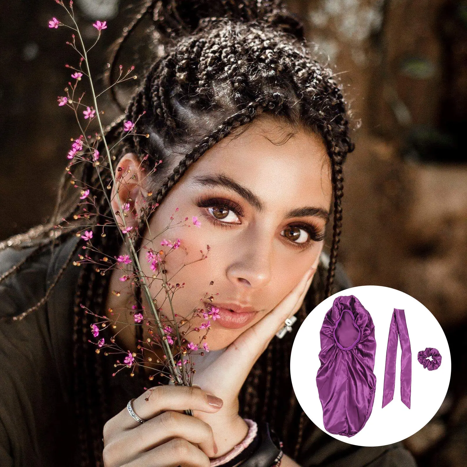 

1Set Women Silk Elastic Band Sleeping Hat for Hair Care Long Straight Curly Natural Braids Ponytail Look