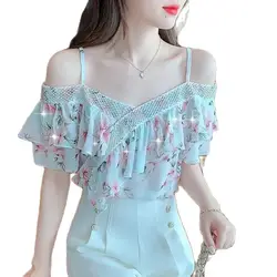 Word Shoulder Suspenders Top Heavy Industry Bead Short Sleeve Lotus Leaf Side Chiffon Shirt Summer 2022 New Floral Small Shirt