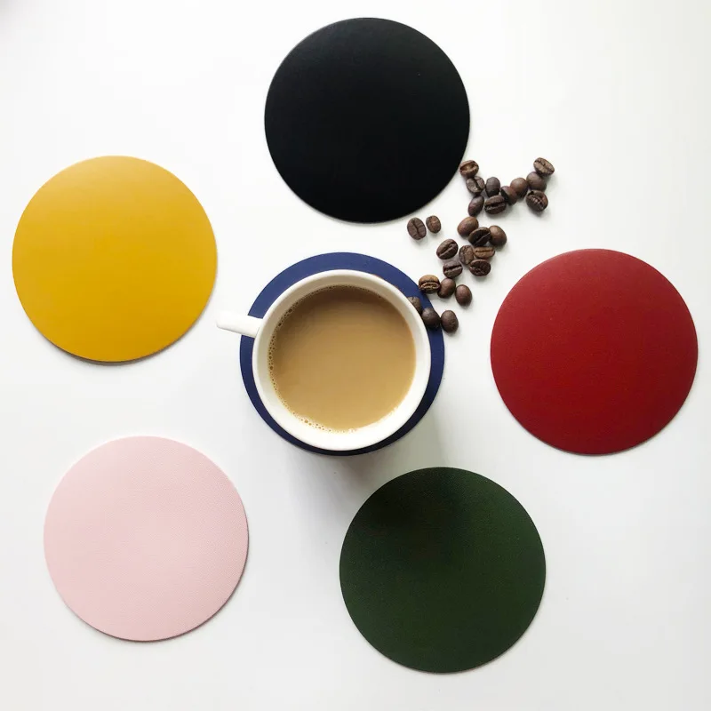 Solid color round pu leather double-sided coaster non-slip waterproof heat insulation mat simple creative coasters