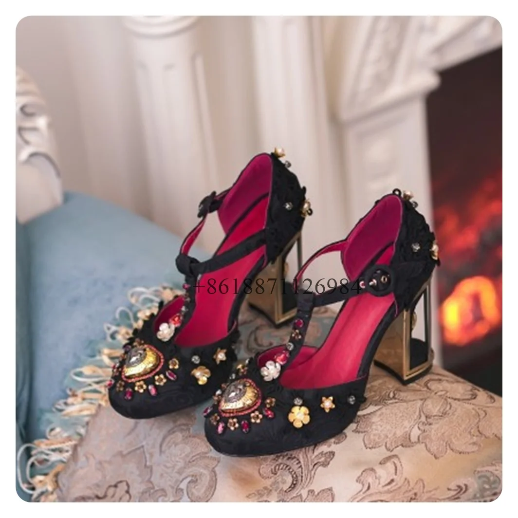 

Retro Style Round Toe Summer Women Sandals With Rhinestone And Flower Fretwork High Heels Buckle Strap Design Large Size Shoes