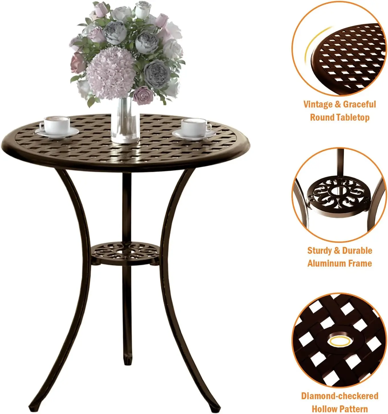 Bronze cast aluminum 3-piece rustproof bistro set for two people, round table with central umbrella hole, stable metal furniture for balcony, backyard and garden view 4