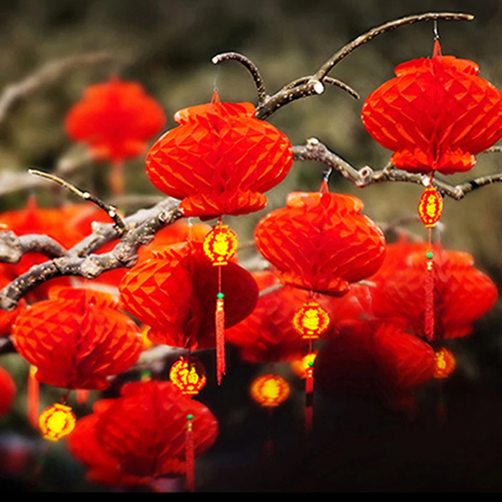 10 pçs de plástico tradicional chinês papel vermelho favo mel lanterna reutilizável primavera festival pingente ano novo casa decoração de suspensão