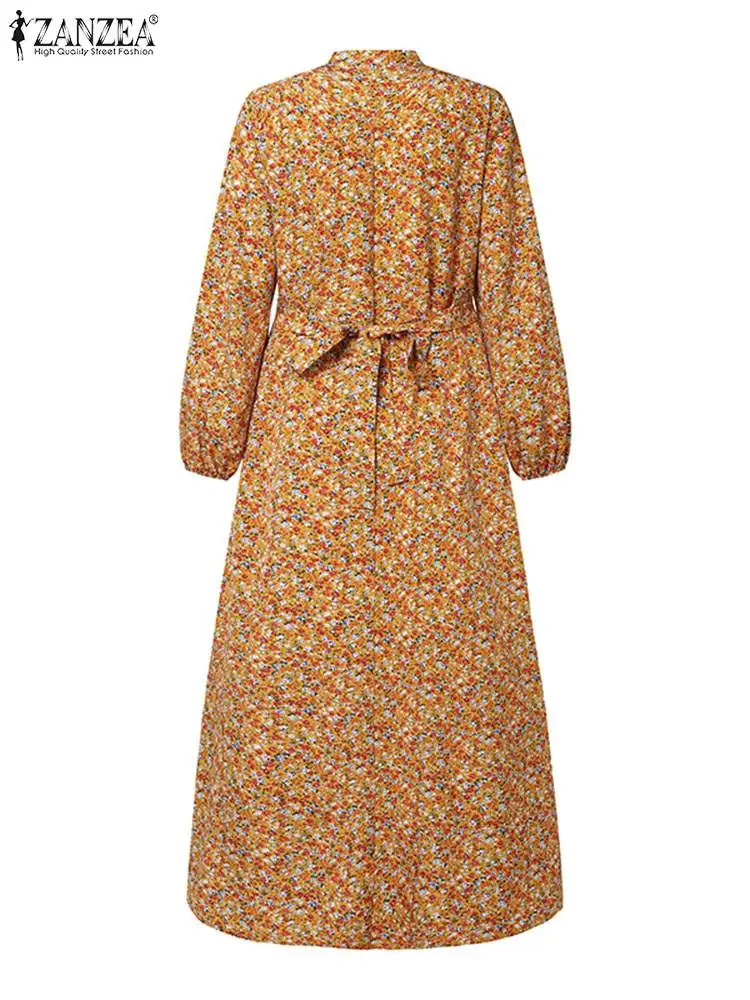 ZANZEA-Vestido largo de manga larga con estampado Floral para mujer, Hijab islámico atado a la cintura, elegante, a la moda musulmana, Abaya