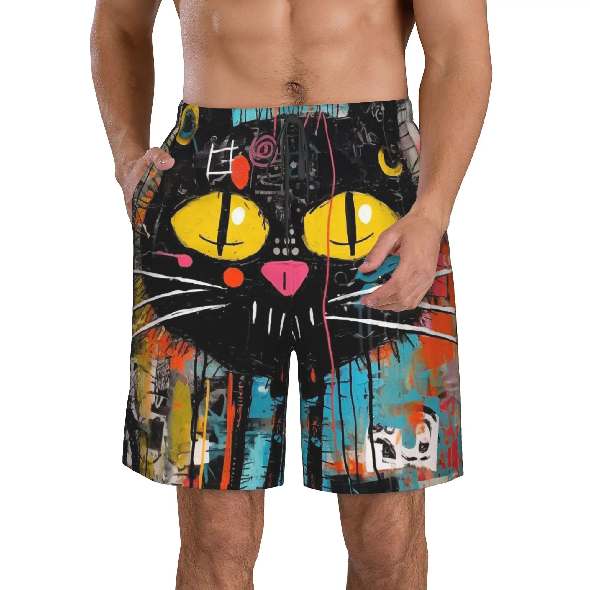 Colorful Graffiti Cat Trunks Beach Board Shorts Casual Quick Dry Swimming Summer Men Pants