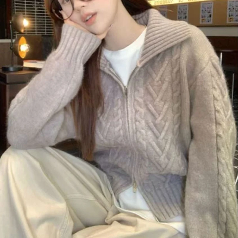 

Осень-зима, кардиган на молнии, женский свитер с длинными рукавами, пальто, модные кардиганы с жареным тестом, утолщенная вязаная одежда с лацканами