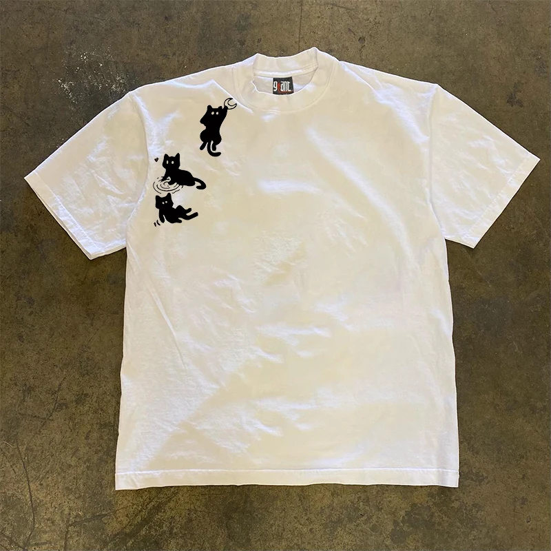 ピュアコットン-260g-ヘビーウェイト半袖-tシャツ-シャオチェンストーリー-マルチ遊び心のある猫-香港スタイル-ユニセックス-カップルシャツ