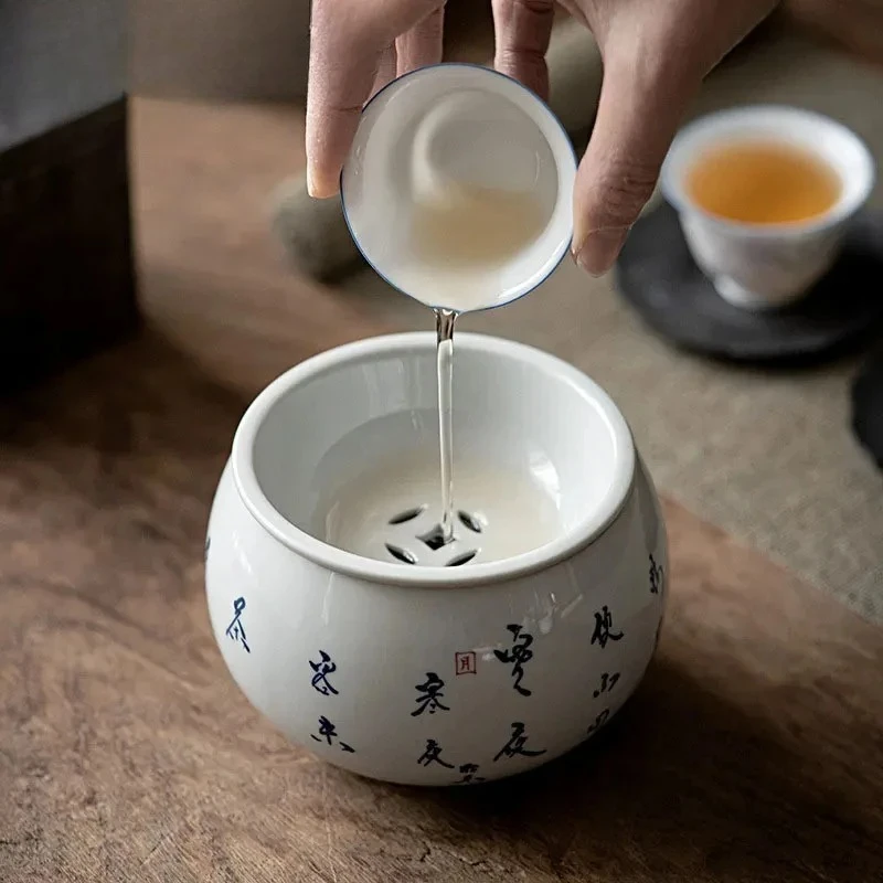 525ml Pure Hand Painted Calligraphy Art Ceramic Jianshui Tea Wash Basin Retro Glaze Tea Residue Barrel Tea Bucket Kung Fu Teaset