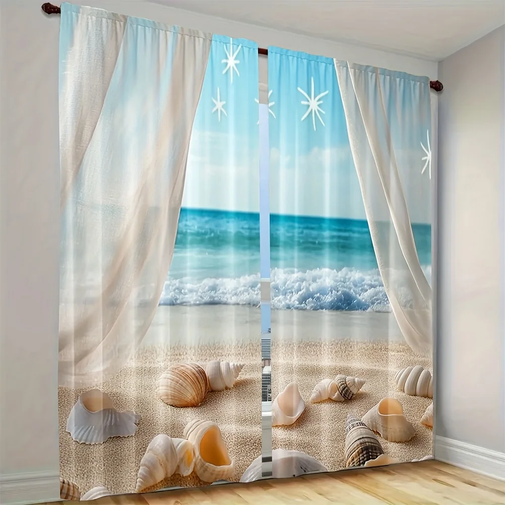 Aesthetic Beach Ocean Seashell Curtain Drapes Polyester Window Treatment Coastal Nautical Nursery Decor Lightweight Light Filter