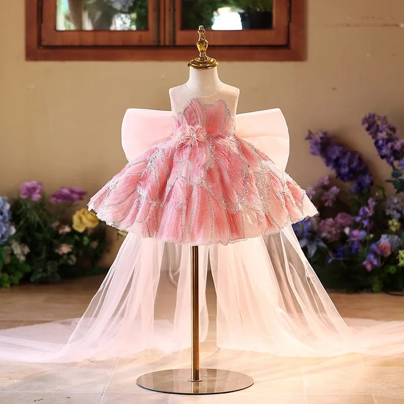 KLFLGD Tassel girls pink sequin train dress gorgeous Christmas ball gown tulle big bow holiday party princess dress