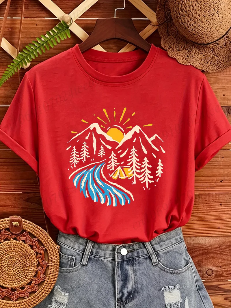 Women Summer Casual T‑Shirt Mountain Sun River Camping Graphic Short Sleeve Tees Female Vintage Hiking Adventure Tops Blouse