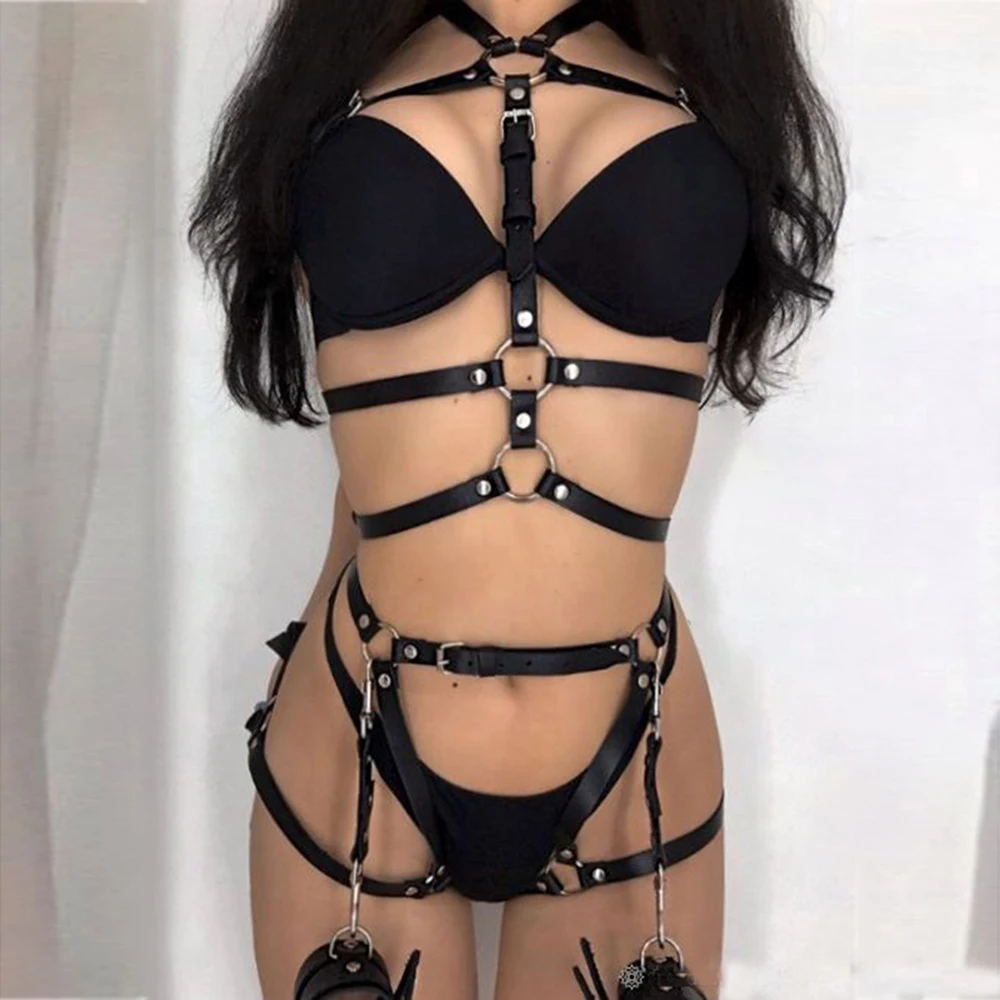 Women Sexy Body Harness Belt Set Leather Lingerie Garter Belt Lingerie Suspenders Bdsm Bondage Leg Harness Goth Fetish Clothing