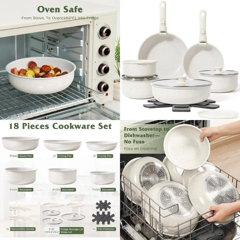 

18-Piece Non-Stick Cookware Set with Detachable Handles, Stackable Induction Cookware, Oven Safe, White