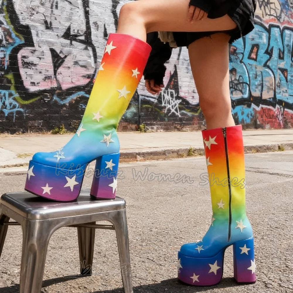 Knee High Boots Platform Stars Glow Leather Novelty Fashion Concise Sexy Elegant Round Toe Chunky Heels Mixed Color Women Shoes