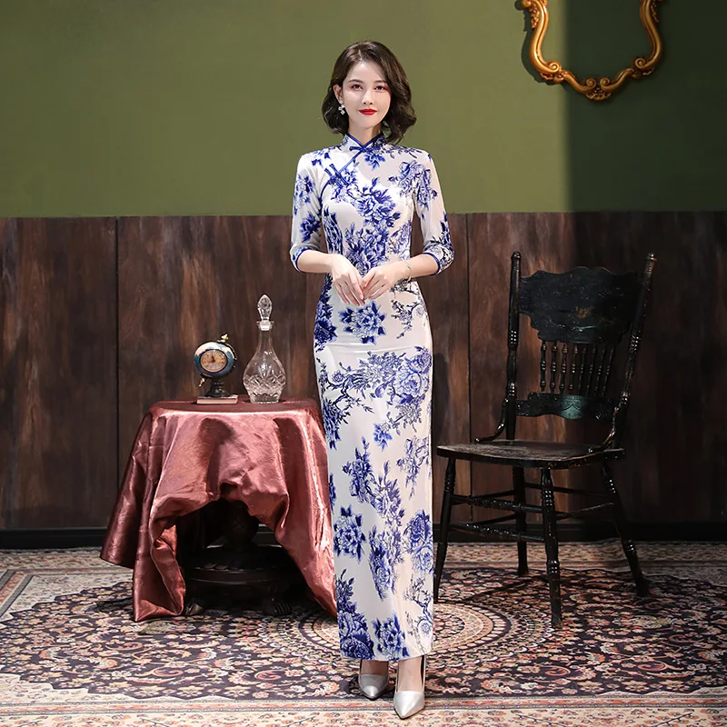 Lake Blue Velvet Long Cheongsam Floral Long Sleeve Vintage Improved Women Dress Chinese Style Qipao S To 5XL