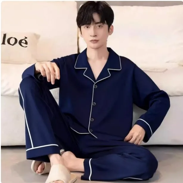 men's-pure-cotton-sleepwear-long-sleeve-outerwear-home-clothes-cardigan-set-spring-autumn-large-size-comfortable-knitted-fabric