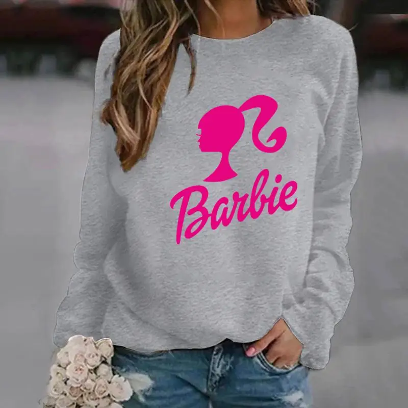 Barbie Cotton Women\'s Summer Spring Long Sleeve T-Shirt Top Cartoon 2024 New Barbie Printed Round Neck Sweatshirt Girls Gift