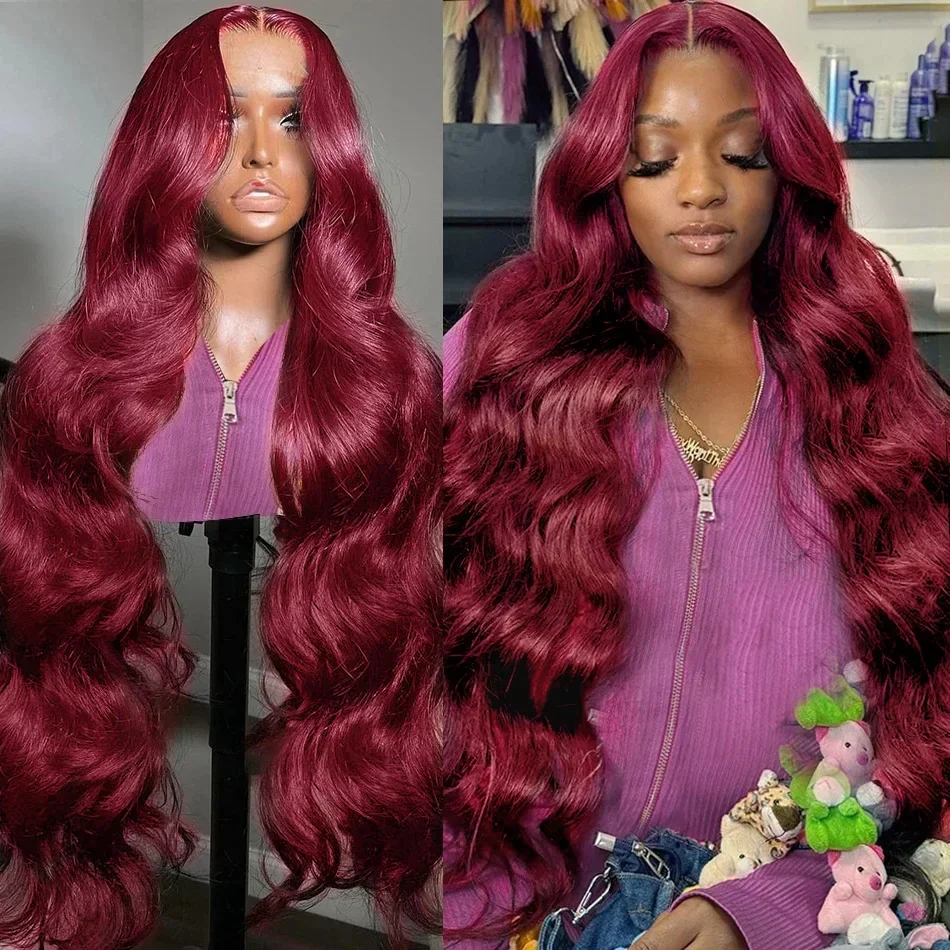 99J Burgundy 30 inch Body Wave Lace Front Human Hair Wig Brazilian Red Colored 4x4 Transparent Lace Wigs Human Hair For Women