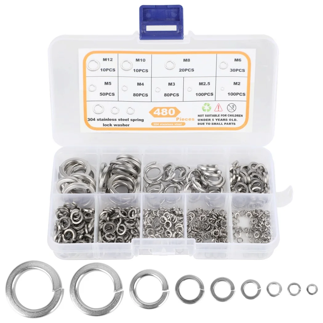 

480Pcs Spring Lock Washers Stainless Steel Lock Washer Assortment Kit Metal Split Washers With Storage Box For Furniture Repair