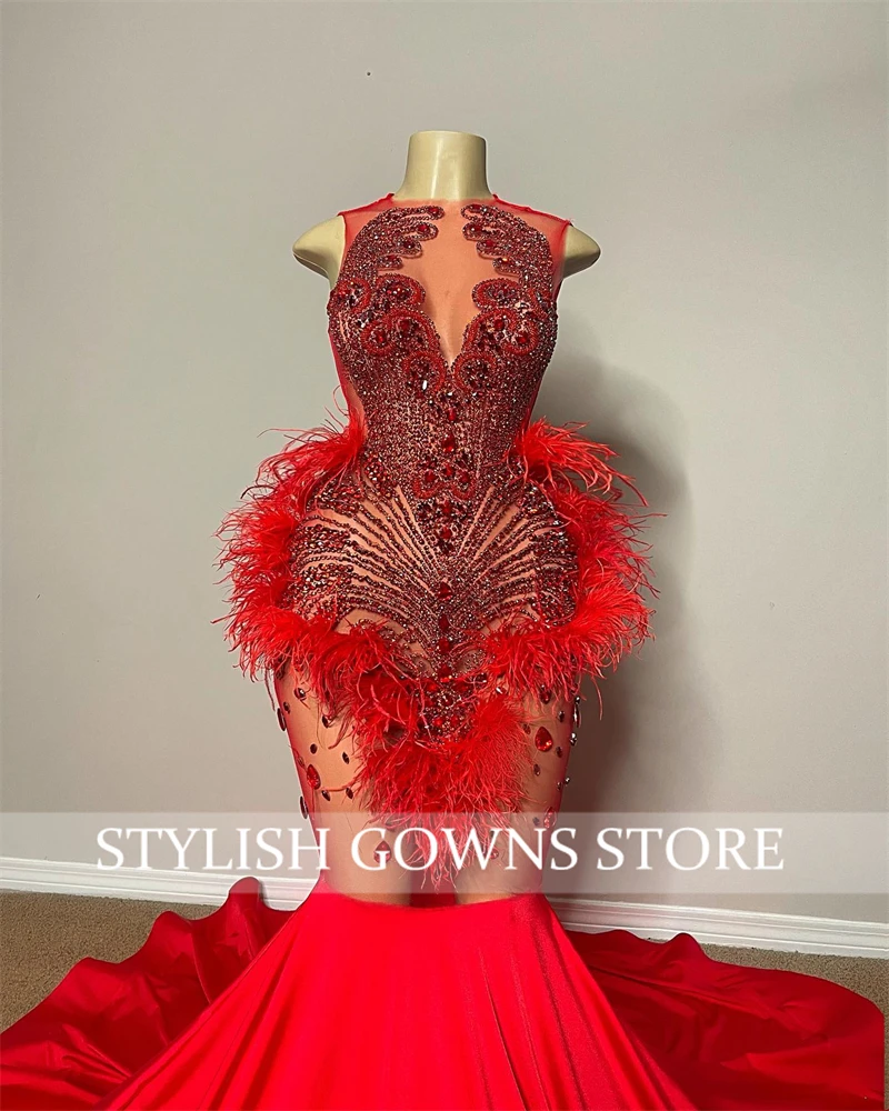 Vestido De noche rojo con cuello redondo para niña negra, vestidos De fiesta De cumpleaños con cuentas De cristal, vestido Formal De plumas, bata De sirena personalizada