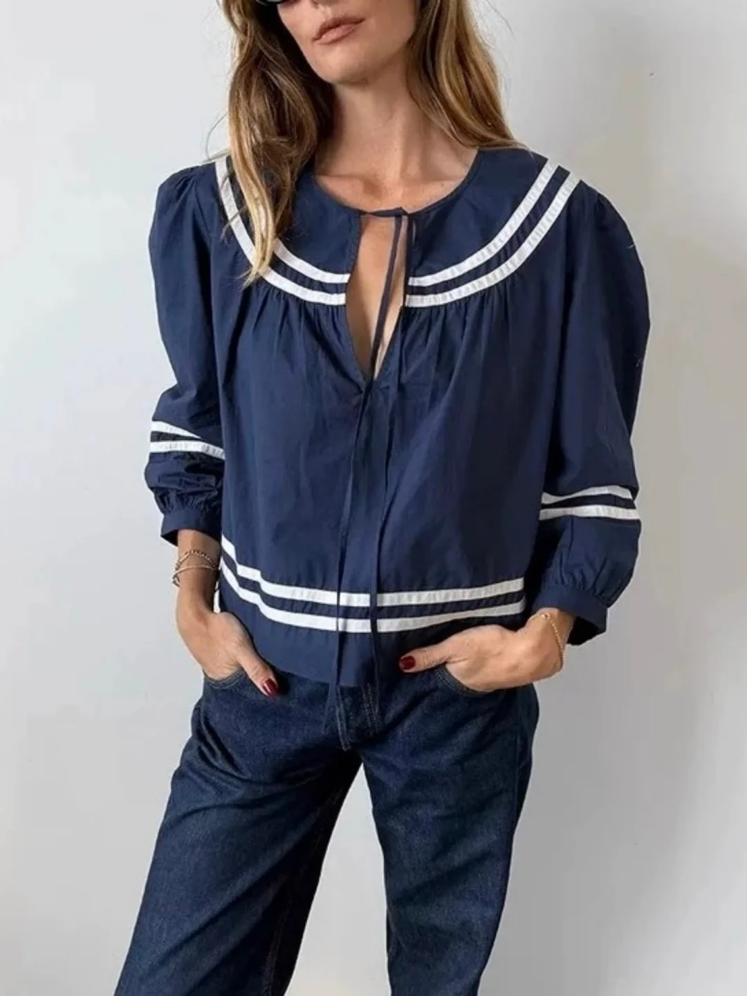 

Женский топ French Sle Naval Academy, весна-лето, новый, сине-белый в полоску, с круглым вырезом, с поясом, длинный рукав