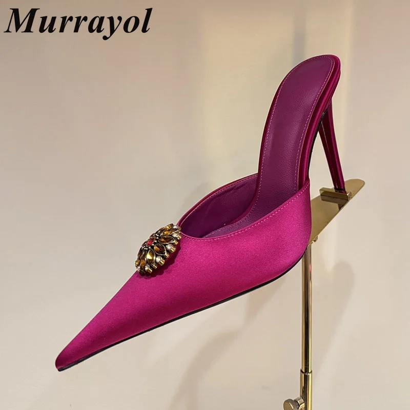 Slippers Women Pointed Toe Slippers Bling Rhinestone Decor Thin High Heels Summer Sandals Party Banquet Shoes Lazy Stiletto