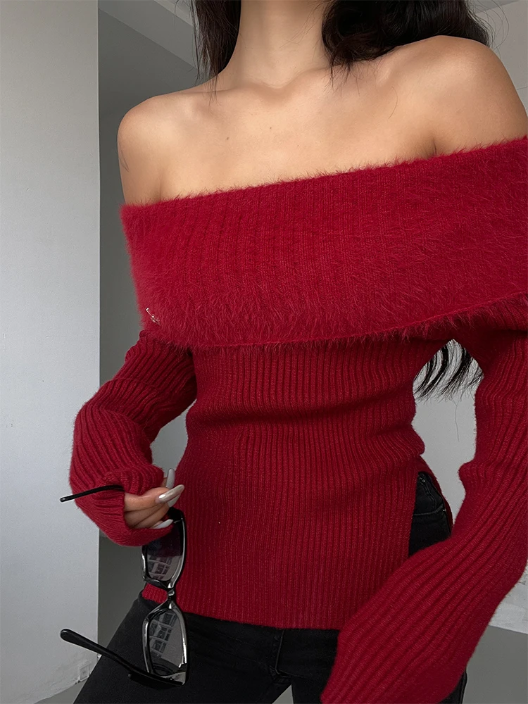 WOMENGAGA Spicy Girl Slash Neck Off Shoulder Knitted Sweater For Women Winter New Slim Top Fashion Sexy Korean Women Top B5FU